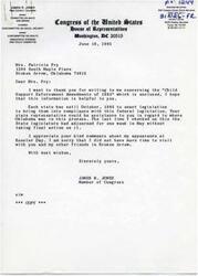["Congressman James R. Jones thanks Mrs. Patricia Fry for writing to him about the \"Child Support Enforcement Amendments of 1983.\" He provides information about the legislation and encourages her to contact her state representative for more details. Congressman Jones also expresses regret for not having more time to visit with Mrs. Fry and his other friends in Broken Arrow."]