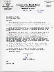 ["The document is a letter from Congressman James R. Jones to James L. Varner regarding Dr. Sears' upcoming trip to Washington. Jones offers to provide passes to the House and Senate galleries and suggests the Sears' go on a public tour of the White House since the Congressional tour is fully booked. Jones also mentions he will drop Dr. Sears a note welcoming him to Washington and hopes to be able to say hello when they stop by his office. Jones expresses appreciation for Varner's friendship and asks to give his best to Neva."]
