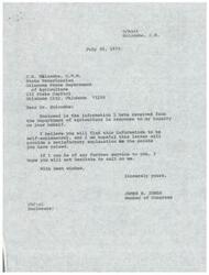 ["Correspondence between a constituent, Mrs. Alice R. Akin, Secretary to the Veterinarian in Charge, and Congressman James R. Jones regarding changes to the supervision of the Veterinary Services branch of the Animal and Plan Health Inspection Service Department of the United States Department of Agriculture"]