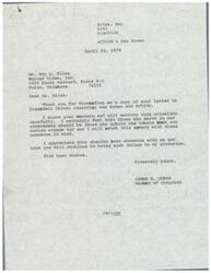 ["Letter from Mr. Roy L. Bliss, Tulsa, OK, resident and constituent of Congressman James R. Jones, to President Jimmy Carter regarding the President's appointment of Mr. Sam Brown as the Director ACTION; Mr. Bliss forwarded his letter to President Carter to his representatives in the United States Congress: Senator Dewey F. Bartlett, Senator Henry Bellmon, and Congressman James R. Jones; Congressman Jones wrote back to Mr. Bliss expressing shared concern for the fitness of Director Brown for his position with ACTION"]