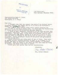 ["Letter from Sand Springs, OK, resident and constituent of Congressman James R. Jones, Mrs. Arthur Edwards, to Congressman James R. Jones regarding a proposed budget cut for the Retired Senior Volunteer Program"]
