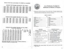 ["The text is a checklist of publications available from the Department of States Agriculture for distribution by Members of Congress. The list includes various topics such as buildings, canning, freezing, storing, cooking, livestock, machinery, nutrition, farm management, and more. The publications are categorized by numbers preceded by different letters, and the list includes a guide to subjects and a checklist for each category. Some publications may be out of stock due to unforeseen demands or subject matter changes."]