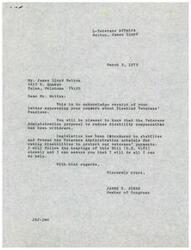 ["Mr. Melton wrote a letter expressing concern about disabled veterans' pensions, which prompted Congressman James R. Jones to acknowledge receipt of the letter and reassure Mr. Melton that the proposal to reduce disability compensation has been withdrawn. Legislation has been introduced to stabilize and freeze the schedule for rating disabilities to protect veterans' payments. Mr. Melton urges Congressman Jones to stop any changes in pension and compensation ratings for disabled veterans, emphasizing the importance of the support they receive."]