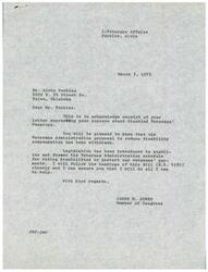 ["Mr. Perkins expressed concern about the reduction of disability compensation for veterans, but was assured by Congressman James R. Jones that the proposal has been withdrawn. Legislation has been introduced to stabilize and freeze disability ratings to protect veterans' payments. Perkins urged Congress to consider the challenges faced by disabled veterans in making ends meet."]