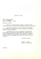 ["Mrs. Mary K. Mross expressed concern about Disabled Veterans' Pensions in a letter to Congressman James R. Jones. Jones assured her that the proposal to reduce disability compensation has been withdrawn and legislation has been introduced to protect veterans' payments. Mross, a widow of a disabled WWI veteran, asked for Jones' help in stopping the potential cuts to veterans' benefits. Congressman Jones promised to do what he can to help."]