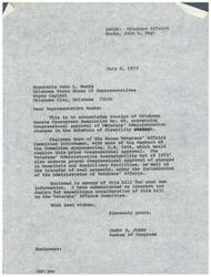 ["The document acknowledges the receipt of a resolution concerning the Congressional approval of Veterans' Administration changes in disability ratings. A bill has been introduced to require Congressional approval for changes in hospitals, facilities, and property under the VA's jurisdiction. The resolution requests that changes in disability ratings only be approved by Congress following public hearings. The Oklahoma Congressional delegation is urged to support this legislation."]