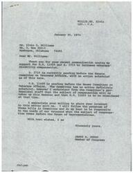 ["Mr. Williams wrote to Congressman James R. Jones asking for support for bills HR-11469 and S-2710 to increase veterans' disability compensation. Congressman Jones responded, acknowledging the request and stating that he will follow the progress of the bills in committee and do his best to be responsive to the needs of veterans."]