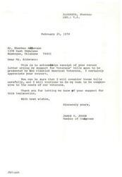 ["The document is a response from Congressman James R. Jones to Sherman Alderson, acknowledging receipt of his letter urging support for upcoming veterans' bills. Congressman Jones expresses appreciation for the concern and assures Alderson that he will carefully consider the bills and continue to be responsive to the needs of veterans."]