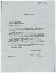 ["Mike Anderson, a veteran pursuing a pre-medical curriculum on the G.I. Bill, wrote to Congressman James R. Jones expressing concern about the inadequacy of the current G.I. Bill compared to those received by veterans of World War II. Anderson requested support for increasing the G.I. Bill to cover all educational expenses at colleges and universities. Congressman Jones responded, expressing interest in veterans' benefits and the ongoing re-examination of the program, and offering assistance in any matter."]