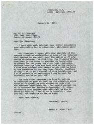 ["Mr. Jimerson wrote a letter to Congressman James R. Jones expressing his concern about the eight-year limitation on VA educational assistance benefits for veterans. Congressman Jones agreed with Mr. Jimerson's analysis and informed him that legislation is being considered to extend the limitation by two years. He also mentioned that Mr. Jimerson can appeal to the Veterans Administration for an extension and offered to help in any way he can. Mr. Jimerson expressed his frustration about his limited education and financial struggles, and asked for assistance in extending his eligibility for VA assistance."]