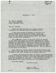 ["Mr. James R. Jones, a Member of Congress, thanks Mr. John C. England for his support of the Veterans Education Benefits bill. He explains the delays in passing the bill and assures Mr. England that he is working diligently to get it enacted into law. Senator Mansfield has promised to prioritize the bill in the Senate. Mr. Jones expresses regret for the delay and promises to continue pressing for the bill's passage."]