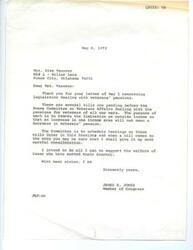 ["Mrs. Elva Vanover wrote a letter to Congressman James R. Jones regarding legislation dealing with veterans' pensions. She requested that the reduction or termination of veteran pensions due to a decrease in outside income be restored. Congressman Jones responded, stating that there are bills pending before the House Committee on Veterans Affairs to address this issue, and he will give them careful consideration. He assured Mrs. Vanover of his commitment to supporting the welfare of those who have served their country."]