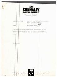 ["The memo provides minutes from a senior staff meeting for the Connally for President campaign, discussing upcoming schedules, press releases, responses to the Iranian situation, state organization, delegate letters, new names for the master file, proofing of projects, speeches, energy issues, campaign materials, and the move to a new building. The next meeting is scheduled for November 21."]