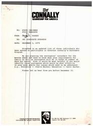 ["The document is a memo listing individuals who have agreed to participate in Governor Connally's Surrogate Program for his presidential campaign. The memo requests information on the requirements for the surrogates' calendars and identifies key issues to be addressed. The list includes prominent political figures and supporters of Governor Connally, as well as members of his family. The memo urges a response before December 15."]