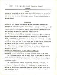 ["Summary Of Title Iv Including Definitions, Prevention Of Discrimination In Housing, Prevention Of Discrimination In Financing Of Housing, Interference, Enforcement By Private Persons, Enforcement By The Attorney General, Assistance By The Secretary Of Housing And Urban Development, Effect On State Laws, Contempt Of Court, And Existing Authority."]