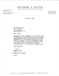 ["Letter From Dorais To Flynn Enclosed With The Judgement Of Clifton Hill V. Crawford Miller Holding That Proposition 14 Of The California Constitution Is Unconstitutional, But The 14th Amendment Does Not Impose Upon The State The Duty To Prohibit Private Discrimination."]