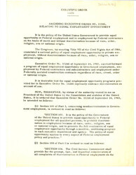["Executive Order 11375, Amending Order 11246 Which Dealt With Equal Employment Opportunity In Government Employment, Employment By Federal Contractors And Subcontractors And Employment Under Federally Assisted Construction Contracts Regardless Of Race, Creed, Color, Or National Origin."]