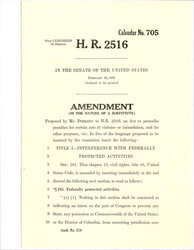 ["Amendment Proposed By Dirksen To Amend United States Code Title 18, Chapter 13, Section 101. The Amendment Prescribes Penalties For Acts Of Violence Or Intimidation Against Minorities. This Copy Has Slightly Different Language Than The Previous."]