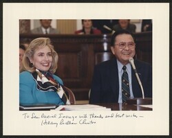 ["Signed on front: To Sen. Daniel Inouye with thanks and best wishes -- Hillary Rodham Clinton. Stamp: Official White House photograph."]