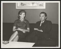 ["Caption: Sen. being interviewed by Mrs. Peggy McKenzie, staff writer for the Honolulu Advertiser at Frankfurt, Germany on Sen's arrival via troop carrier from Bergstrom A/F Base Texas during Operation 'Big Lift.' 24 Oct. 63."]