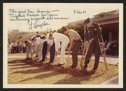 ["Signed on front: The good Sen. Inouye -- Tripler's mahalo for your continuing support and concern. Ed Huycke. Caption: Ground-breaking ceremony at TAMC: A Ground-Breaking Ceremony for the new $84 million addition and renovation to Tripler Army Medical Cen"]