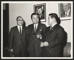 ["Information in title from back of photo. Stamp: Please credit Nate Fine Photo. On accompanying card: Rec'd fr: Mrs. Gloria Riordan of IUE-AFL-CIO. Acknowledged 2-13-64."]