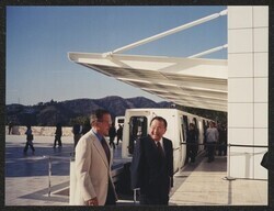 ["Caption: DKI with Senator Stevens on a visit to Getty Center, 2002. Dwight B. [sic.] Eisenhower Commission Photo from Carl Reddel."]