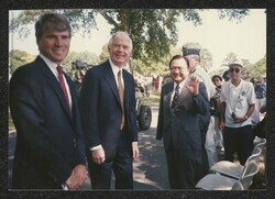 ["Caption: DKI with Sen. Cochran and Cong. Taylor at 442nd Reunion, Camp Shelby, Miss. 6/17/95. Photo from Mr. Satoru Nakamura, 7/12/95."]