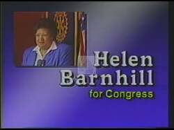 ["The 1988 political TV ad for Helen Iphegenia Barnhill criticizes opponent Congressman Jim Moody for his poor attendance record in Congress. Featuring somber visuals of Moody looking concerned and regretful, the ad emphasizes his frequent absences with imagery of an empty chair and a graph of missed votes. Voice-overs and on-screen text highlight Moody's absenteeism, connecting it to issues affecting voters, depicted by a concerned elderly couple. The ad positions Barnhill as the more reliable choice."]