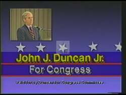 ["In a 1988 political TV ad, Republican John J. Duncan, Jr. consistently presents a tough stance on drug-related crimes. Throughout various courtroom settings, he advocates for stringent anti-drug laws and severe penalties, emphatically addressing the audience with a serious and resolved demeanor about the negative impacts of drugs on society."]