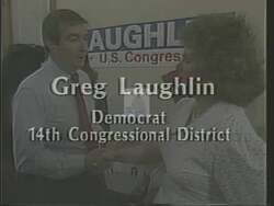 ["In his 1988 campaign ad, Democratic candidate Greg Laughlin passionately advocates for Texas banks, criticizing unfair federal regulations and calling for equitable treatment compared to New York banks. Speaking directly to the camera and from a podium, Laughlin emphasizes support and commitment to Texas bankers, pledging to fight for fairness and change."]