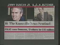 ["The 1988 political TV ad for Democratic Party candidate Dudley W. Taylor targets his opponent, Jimmy Duncan Jr. The ad portrays Duncan in various courtroom settings, highlighting his involvement in a financial scandal and facing allegations of corruption. The imagery emphasizes the severity of the accusations, casting Duncan's candidacy for a congressional seat in a negative light, underscored by his tense and somber expressions throughout the ad."]