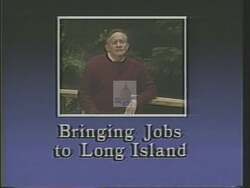["In his 1988 campaign ad, Democratic Party candidate George Joseph Hochbrueckner advocates passionately for transforming Long Island into a \"Silicon Valley\" of the East. He emphasizes his commitment to job growth, specifically in the high-tech sector, proposing initiatives to link tech giants with local development for a prosperous future. The ad consistently features Hochbrueckner speaking at a podium with his campaign banner in the background, reinforcing his focus on creating clean, high-tech jobs in Long Island."]