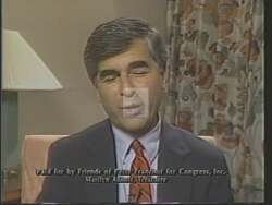 ["In a 1988 political ad, Mike Dukakis emphatically endorses Peter Franchot for Congress, emphasizing the need for compassionate, progressive leadership. The ad visually underscores Dukakis' strong support through direct camera addresses, reinforcing Franchot's alignment with democratic and leadership values aimed at resonating with progressive voters."]