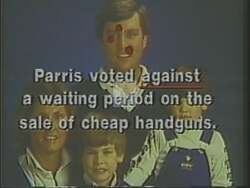 ["David Brickley's 1988 political ad features mournful scenes of police families, interspersed with criticisms of rival Stan Paris for supporting policies that make it easier for criminals to obtain cheap handguns. These images emphasize the consequences of Paris's decisions on community safety, portraying him as unsympathetic to law enforcement struggles."]