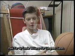 ["In her 1992 presidential campaign ad, Democratic candidate Laurie Williams passionately emphasizes fiscal responsibility and the prioritization of youth and education. Throughout various scenes, she addresses crowds with a strong commitment to political accountability and investing in future generations, positioning these issues at the heart of her campaign agenda."]