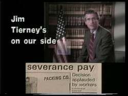 ["In his 1990 presidential campaign ad, Democratic candidate Jim Tierney exudes confidence and determination as he addresses various crowds. The scenes consistently portray Tierney speaking passionately from podiums at rallies and community meetings, emphasizing leadership, commitment to consumer protection, and community improvement���������all under Democrat and \"Vote Tierney\" banners amidst engaged, supportive audiences."]
