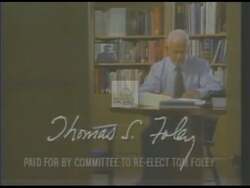 ["In the 1994 political TV ad, Democratic candidate Thomas S. Foley earnestly appeals to voters through a series of passionate speeches at various rallies. Foley commits to addressing local concerns, emphasizes dedication to creating jobs, improving education, and implementing gun control. His speeches are marked by fervent gestures and strong advocacy, engaging a captivated audience beneath campaign banners and U.S. flags."]