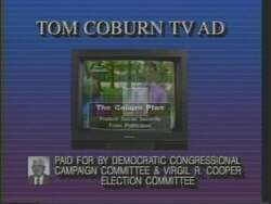["The 1994 presidential campaign ad for Democratic Party candidate Virgil R. Cooper portrays his opponent, Dr. Tom Coburn, in a negative light, emphasizing Coburn's stances on Medicare and taxation policies. The ad features multiple scenes where Coburn is shown addressing these issues, consistently critiqued for opposing Medicare while allegedly supporting tax breaks for the wealthy, portraying him as unsympathetic to senior citizens' needs."]