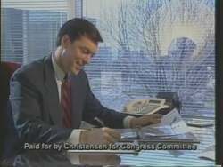 ["In a 1994 campaign ad, Republican Jon Lynn Christensen presents himself as a sincere, determined conservative ready to bring strong leadership to Congress. Appearing in various professional and rural settings, he emphasizes his Nebraska roots, commitment to small business values, and his outsider status, positioning himself as a relatable, dedicated political newcomer."]