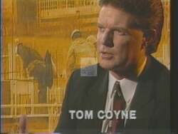 ["In the 1994 presidential campaign ad, Democratic candidate Thomas J. Coyne passionately speaks at various podiums in Cleveland. He emphasizes revitalizing local communities and manufacturing, enhancing economic opportunities, and ensuring a brighter future for Cleveland. His determined advocacy underlines a national imperative for opportunity and growth."]