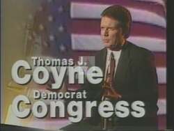 ["In his 1994 presidential campaign ad, Democratic candidate Thomas J. Coyne showcases his leadership and achievements. He speaks confidently across various settings, emphasizing his role in fostering successful collaborations at IAC Center with Ford and NASA, and his commitment to job creation. Scenes of engaged audiences at conferences and professional events highlight his assertive communication and proven track record."]