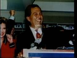 ["In the 1994 political TV ad, Republican candidate Henry Bonilla emphasizes his dedication to fiscal responsibility and cutting government waste. Addressing Congress and rallying support at various events, Bonilla stands as a figure of confidence and trustworthiness. The ad aims to showcase his commitment to reducing the national deficit and benefiting taxpayers, set against a backdrop of patriotic imagery and campaign banners."]