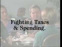 ["In the 1994 campaign ad, Republican candidate Eugene Clay Shaw emphasizes his commitment to fiscal responsibility and government spending reform. Shaw advocates for controlled government expenditures, tax stabilization, and stringent budget controls in multiple settings���������from town hall discussions to podium speeches amid enthusiastic crowds. The recurring imagery of Shaw surrounded by financial documents and American flags reinforces his message of economic prudence."]