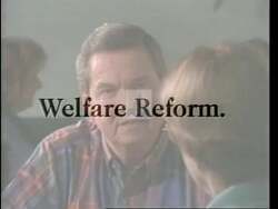 ["In his 1994 presidential campaign ad, Republican candidate Eugene Clay Shaw emphasizes his commitment to stringent welfare reforms. The ad shows Shaw advocating for work requirements, benefit limits, and responsible parenting to ensure accountability and sustainability in the welfare system. He passionately promotes these reforms at multiple speaking events, underscoring the need to support taxpayers and encourage personal responsibility."]