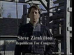 ["In his 1994 presidential campaign ad, Republican candidate Stephen Morgan Zirnkilton highlights his political agenda while displaying confidence and assertiveness. The ad shows him speaking at various events, confidently addressing crowds from podiums adorned with campaign banners and American flags, discussing themes like fiscal responsibility and leadership."]
