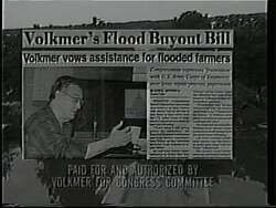 ["In the 1994 campaign ad, Democratic candidate Harold Lee Volkmer focuses on his commitment to flood relief in Missouri's 9th district. The scenes depict Volkmer interacting with affected community members, discussing recovery plans in various settings, and promising substantial support. The ad emphasizes his active involvement and dedication to rebuilding the district, portraying him as a responsive and effective leader under the slogan \"Re-elect the reformer.\""]