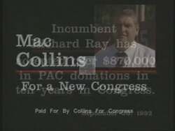 ["The 1992 political TV ad for Michael Allen (Mac) Collins features him symbolically tidying an office and advocating for congressional reform. It portrays Collins as ready and determined to enact change, including scenes of him addressing the camera and interacting with supporters. The overarching message emphasizes a need for fresh leadership and clean governance in Congress."]