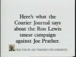 ["In this political TV ad from 1994, Democrat Joe Prather is portrayed as a victim of deceitful Republican tactics. The ad features scenes of misleading and aggressive campaign ads aimed at discrediting Prather, evoking sympathy from viewers with images of a distressed Prather reacting to false accusations under ominous and gloomy visuals."]