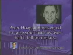 ["The 1994 political TV ad from Jon Lynn Christensen critiques opponent Peter Hoagland's legislative ineffectiveness and close alignment with Bill Clinton. Various scenes portray Hoagland unfavorably, showing him surrounded by paperwork, appearing defensive in Congress, and under citizen protest. Text overlays emphasize Hoagland's failure to pass any bill into law during his tenure."]